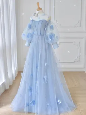 Blue Tulle Lace Long Prom Dress Blue Tulle Lace Long Evening Dress
