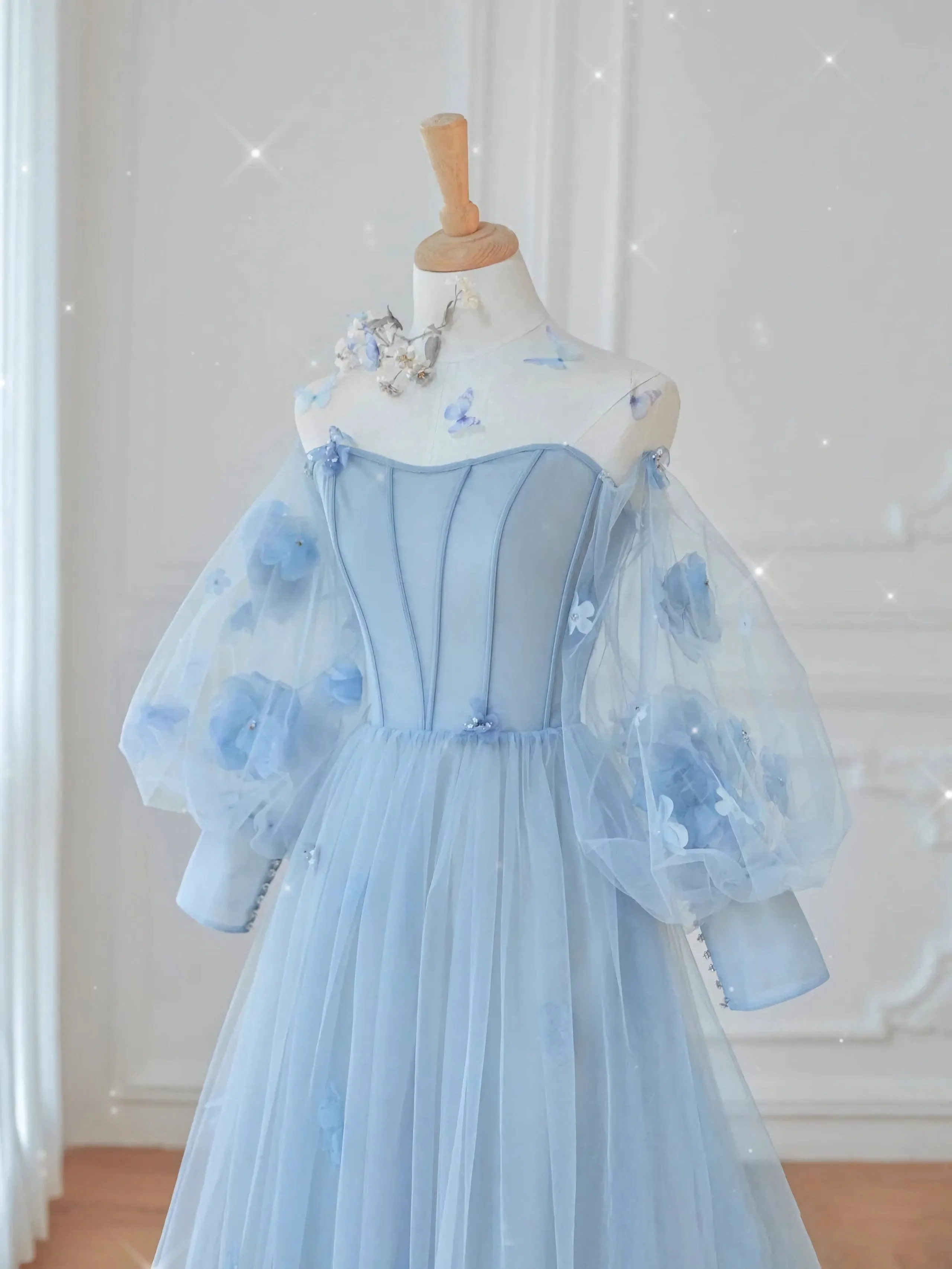Blue Tulle Lace Long Prom Dress Blue Tulle Lace Long Evening Dress