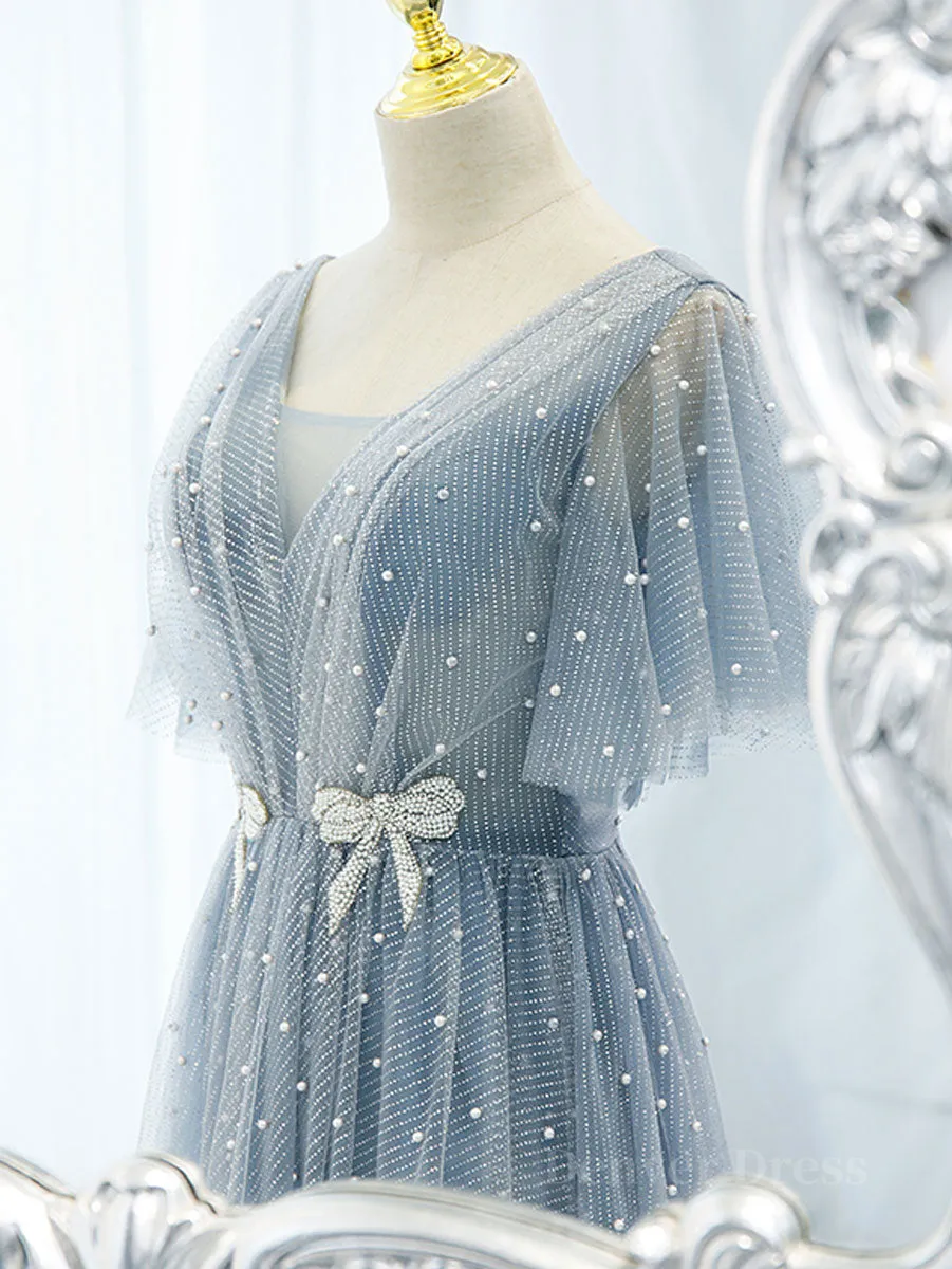 Blue v neck tulle beads long prom dress blue tulle formal dress