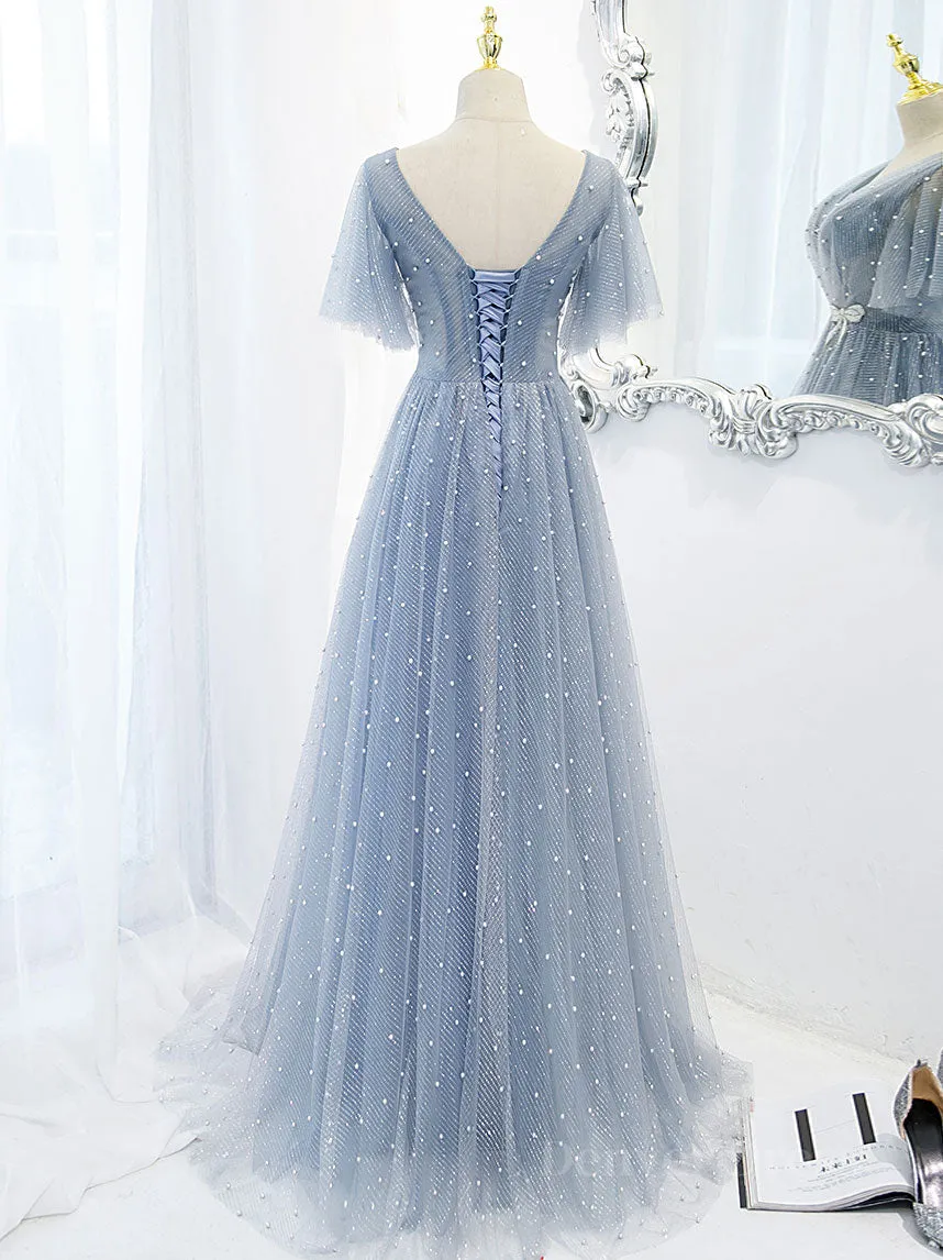 Blue v neck tulle beads long prom dress blue tulle formal dress