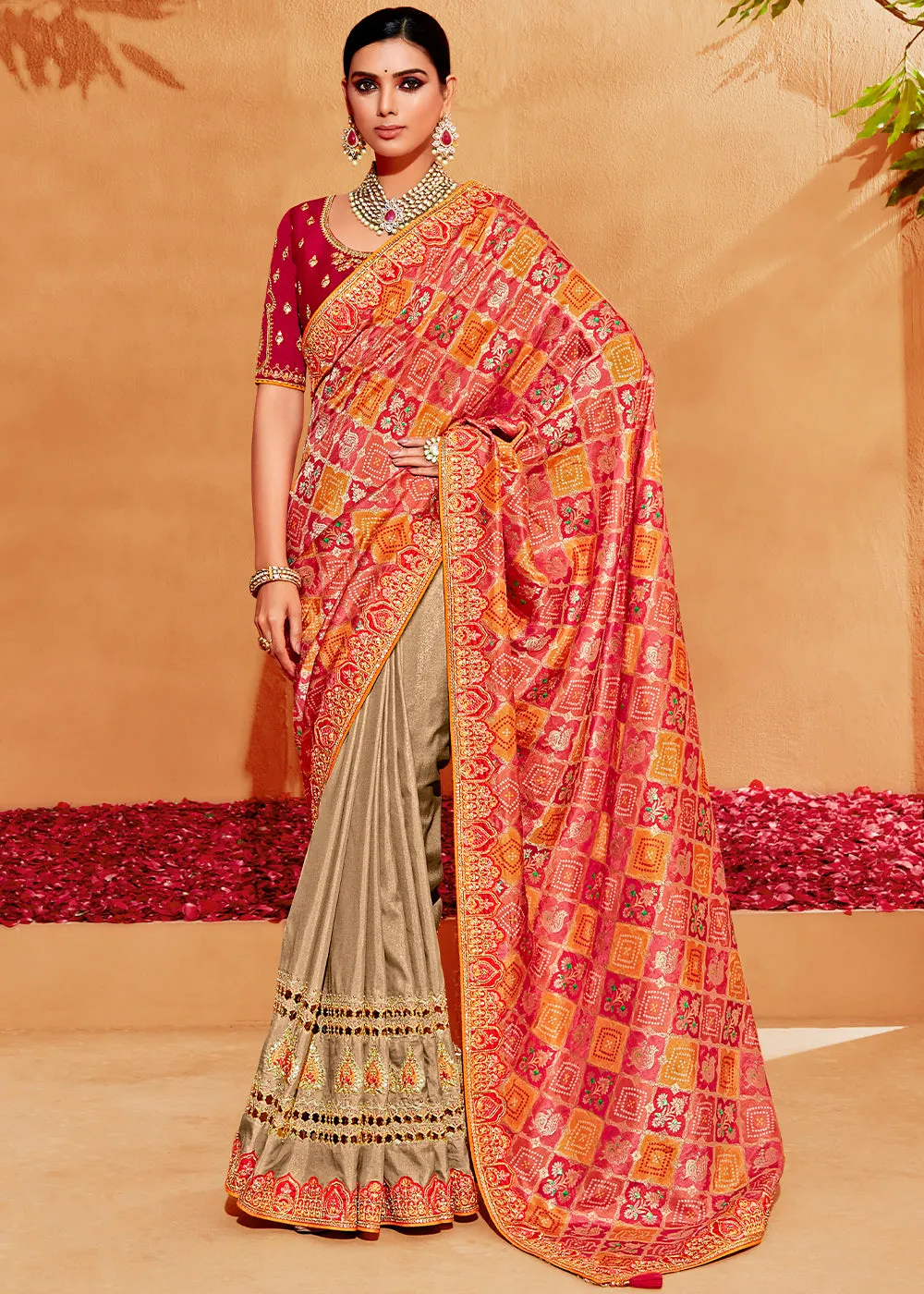 Brown & Red Half N Half Heavy Embroidered Banarasi Silk Saree