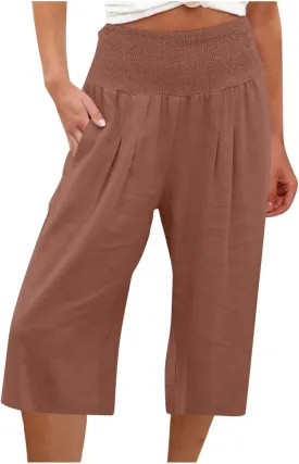 Capri Pants for Women Cotton Linen Summer Casual Wide Leg Capris Smocked High Waist Cropped Trousers with Pockets
