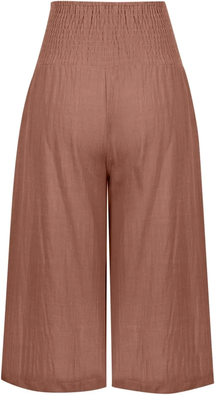 Capri Pants for Women Cotton Linen Summer Casual Wide Leg Capris Smocked High Waist Cropped Trousers with Pockets