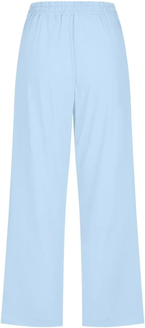 Capri Pants for Women Knee Length Summer High Waisted Straight Leg Linen Pants Loose Fit Casual Vacation Outfits w/Pockets