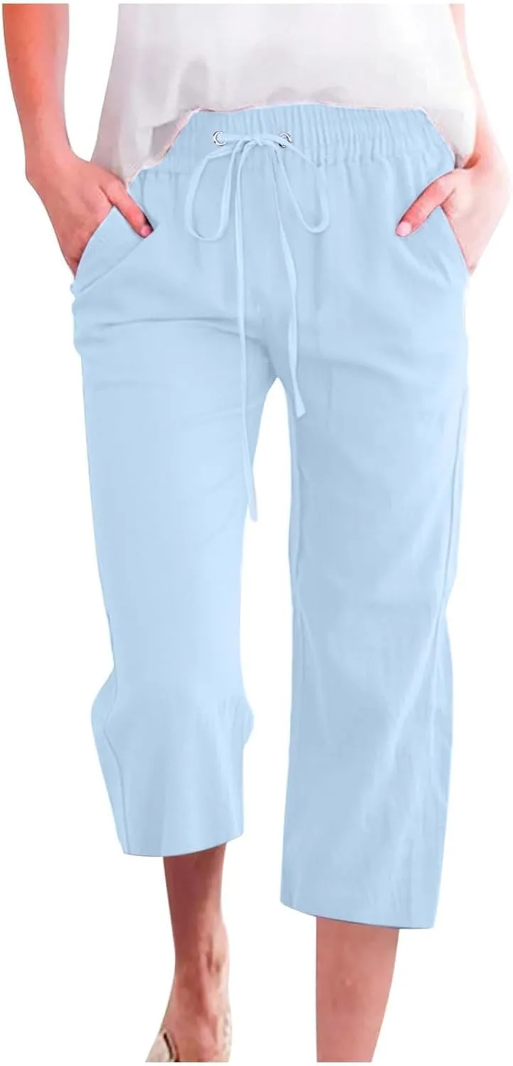 Capri Pants for Women Knee Length Summer High Waisted Straight Leg Linen Pants Loose Fit Casual Vacation Outfits w/Pockets