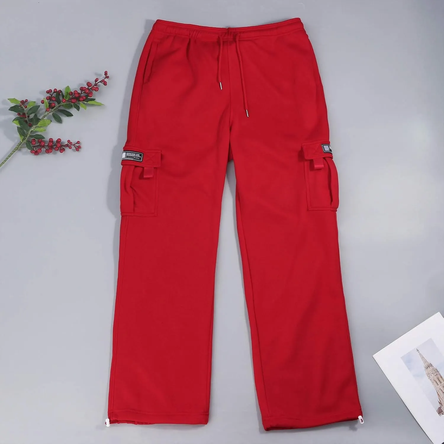 Cargo Sweatpants for Men Fleece Plus Size Hiking Joggers with Pockets Casual Open Bottom Baggy Athletic Pants