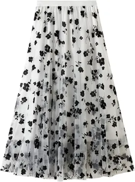 CHARTOU Women's Elastic High Waist Tulle Ruffle Pleated A-Line Swing Midi Skirt