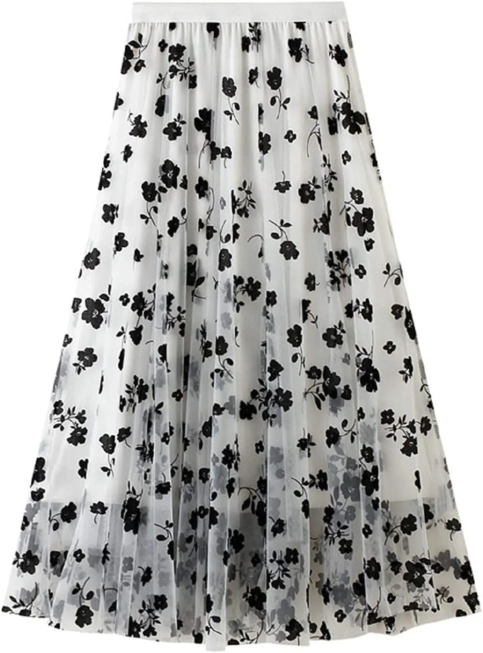 CHARTOU Women's Elastic High Waist Tulle Ruffle Pleated A-Line Swing Midi Skirt