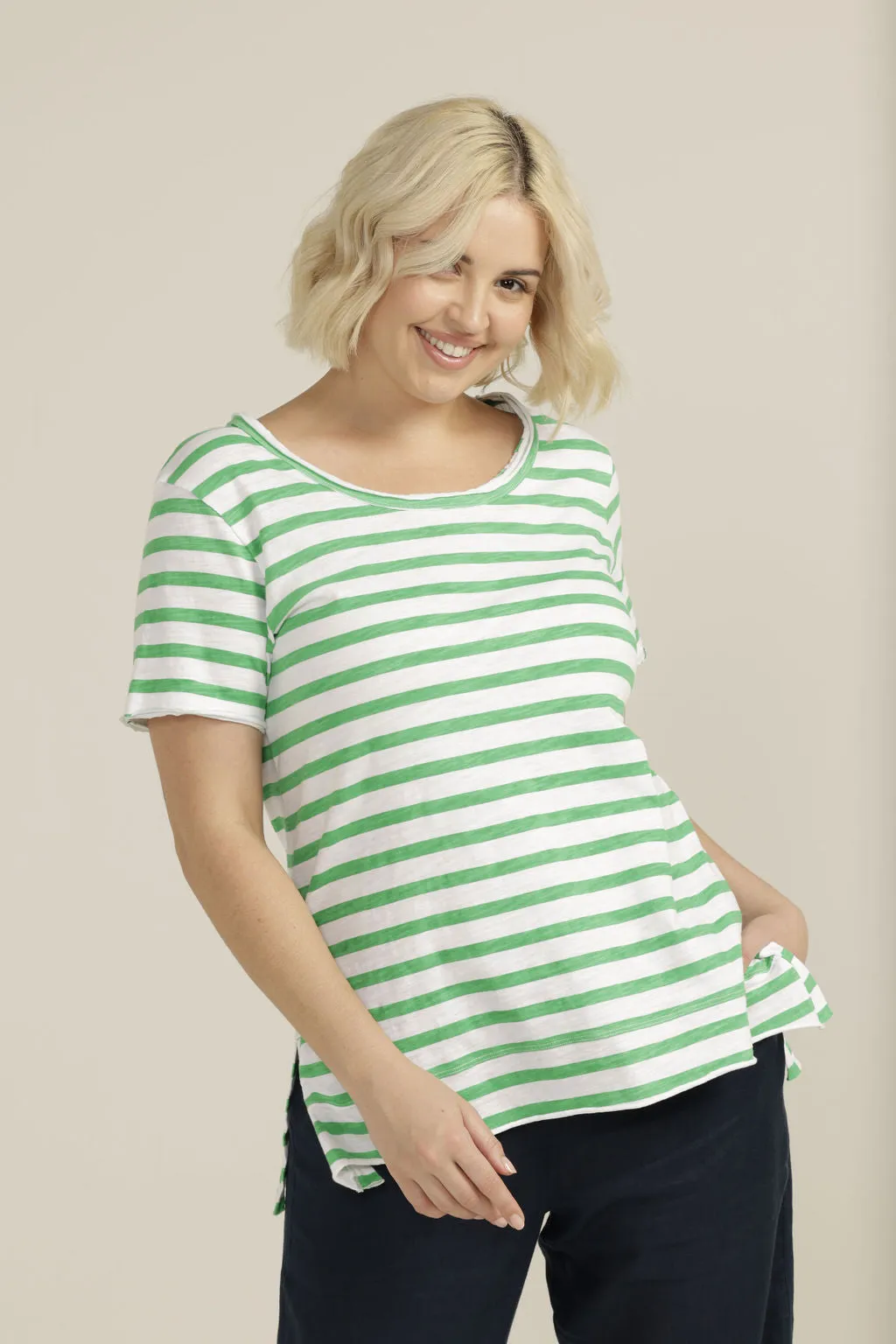 Cotton Stripe Crew Neck Tee White/Green