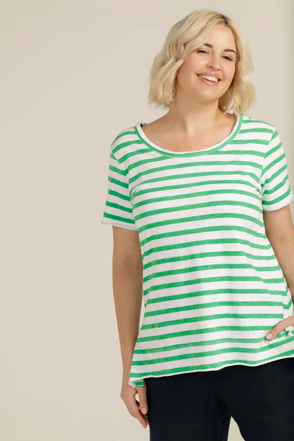 Cotton Stripe Crew Neck Tee White/Green