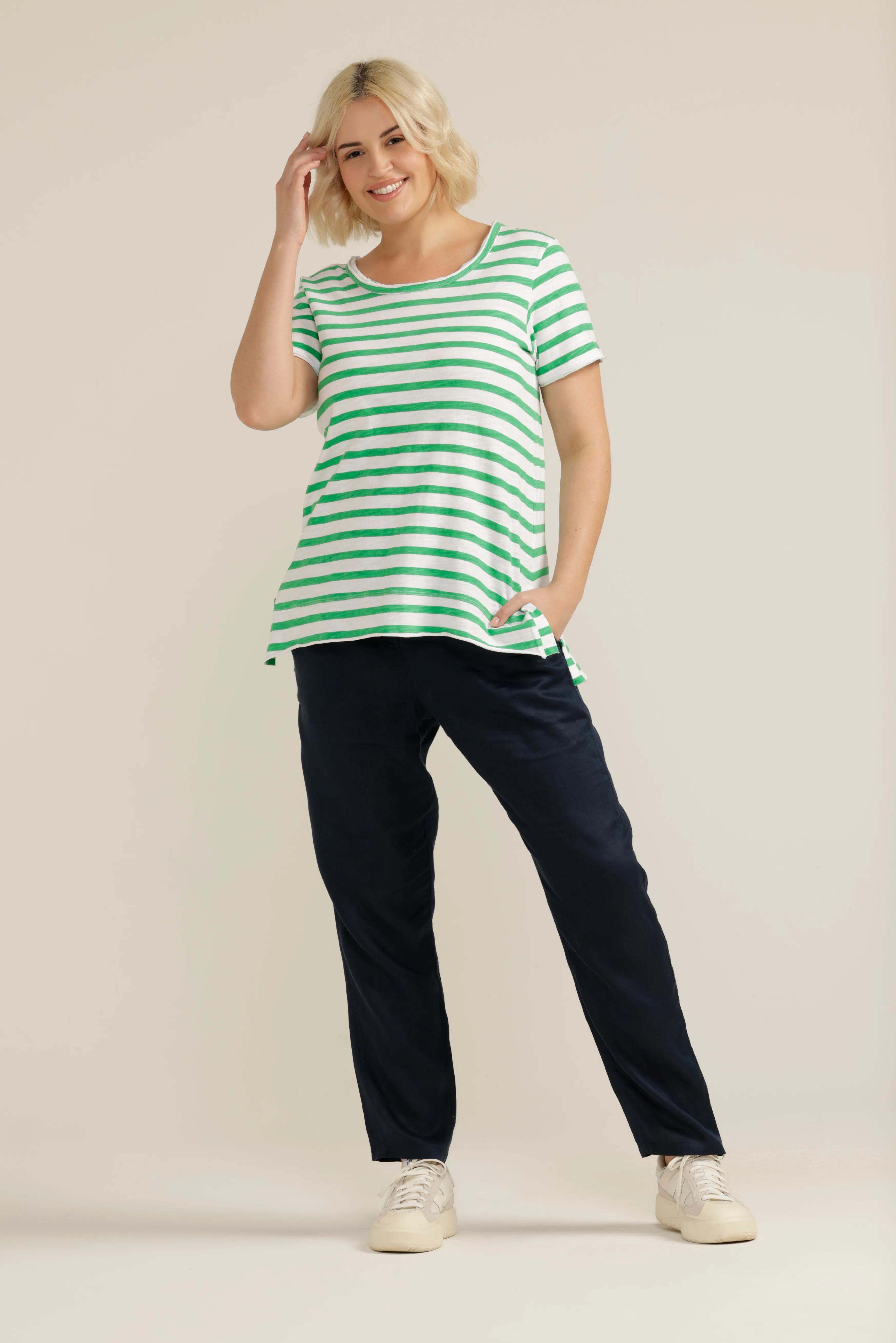 Cotton Stripe Crew Neck Tee White/Green