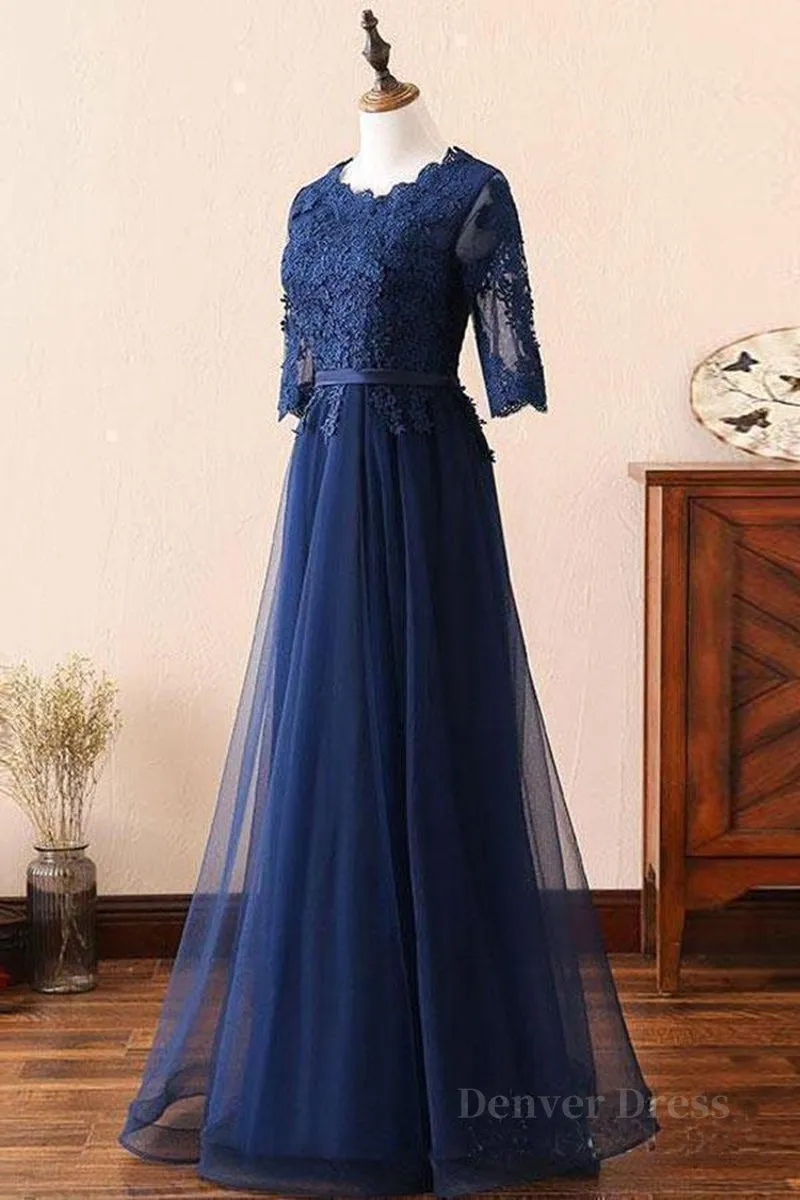 Custom Made Long Sleeves Navy Blue Lace Prom Dress Long Sleeves Lace Bridesmaid Dress Long Sleeves Navy Blue Lace Formal Graduation Evening Dress