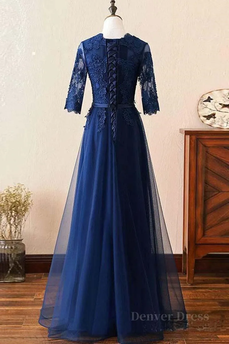 Custom Made Long Sleeves Navy Blue Lace Prom Dress Long Sleeves Lace Bridesmaid Dress Long Sleeves Navy Blue Lace Formal Graduation Evening Dress