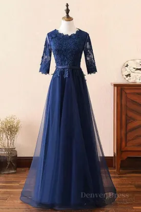 Custom Made Long Sleeves Navy Blue Lace Prom Dress Long Sleeves Lace Bridesmaid Dress Long Sleeves Navy Blue Lace Formal Graduation Evening Dress