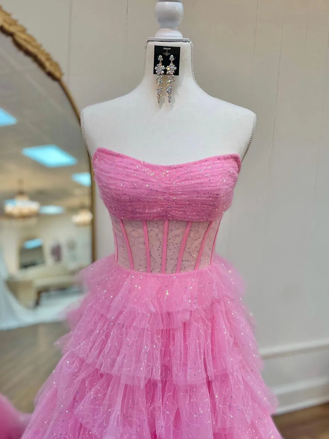 Cute A Line Strapless Glitter Tulle Long Prom Dresses