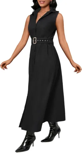 Denim Maxi Shirt Dress for Women Long Sleeve Button Down Belted Casual Dress Prom Dress with Pockets