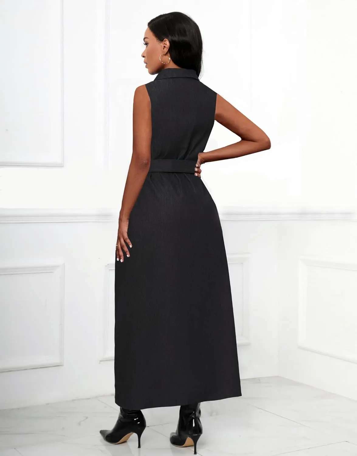 Denim Maxi Shirt Dress for Women Long Sleeve Button Down Belted Casual Dress Prom Dress with Pockets