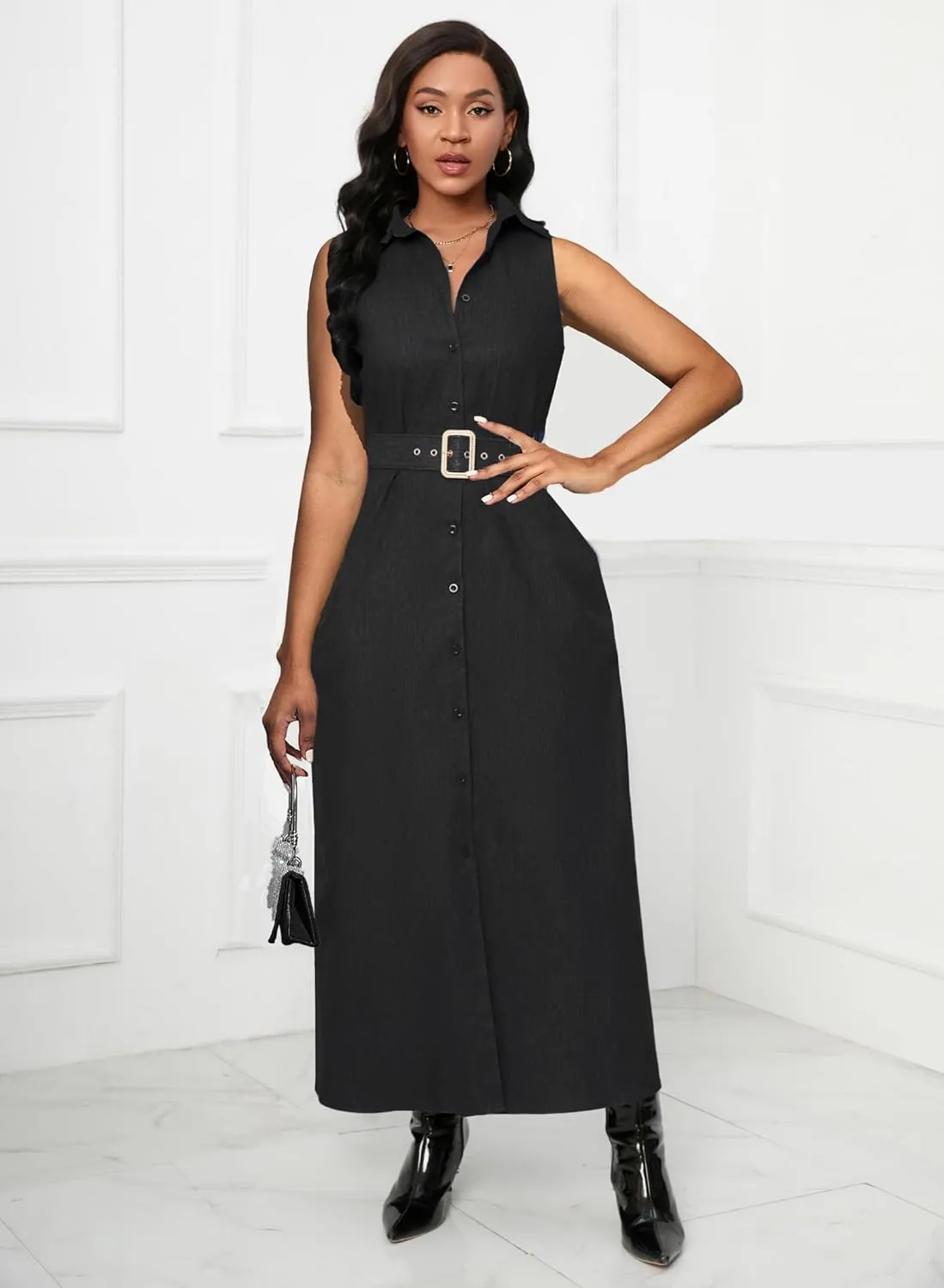 Denim Maxi Shirt Dress for Women Long Sleeve Button Down Belted Casual Dress Prom Dress with Pockets