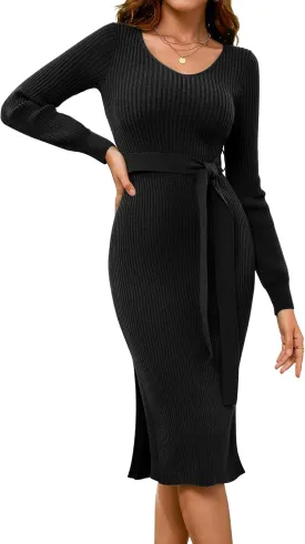 Dressystar Women's Fall Ribbed Knit Sweater Dress V Neck Long Sleeve Tie Waist Slim Fit Bodycon Midi Dress