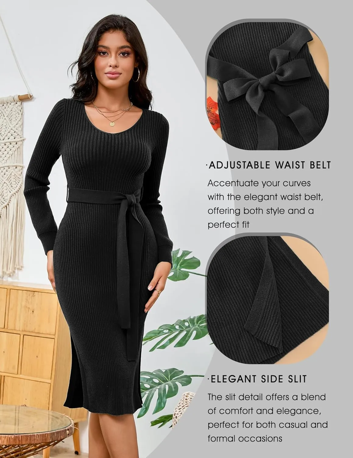 Dressystar Women's Fall Ribbed Knit Sweater Dress V Neck Long Sleeve Tie Waist Slim Fit Bodycon Midi Dress