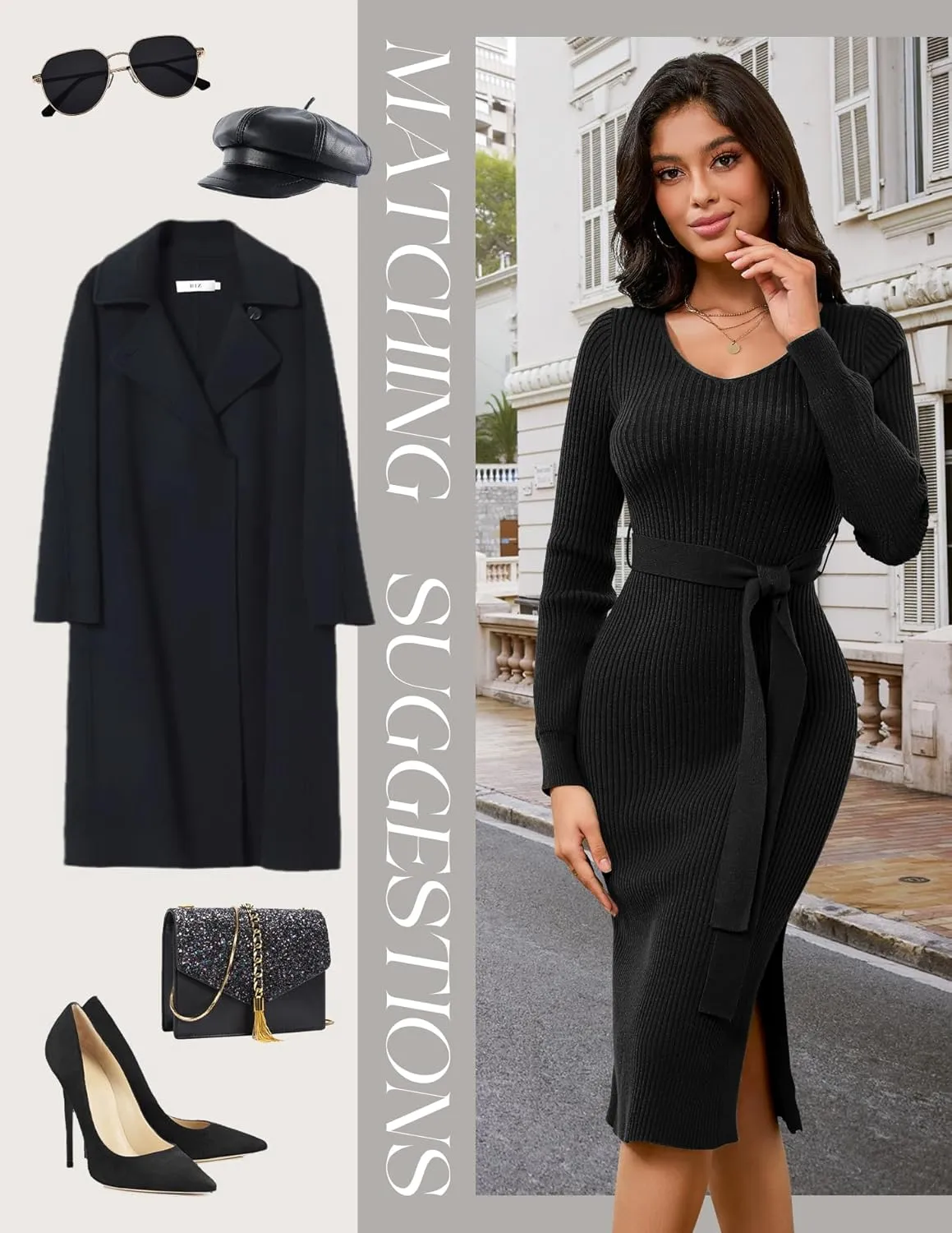 Dressystar Women's Fall Ribbed Knit Sweater Dress V Neck Long Sleeve Tie Waist Slim Fit Bodycon Midi Dress