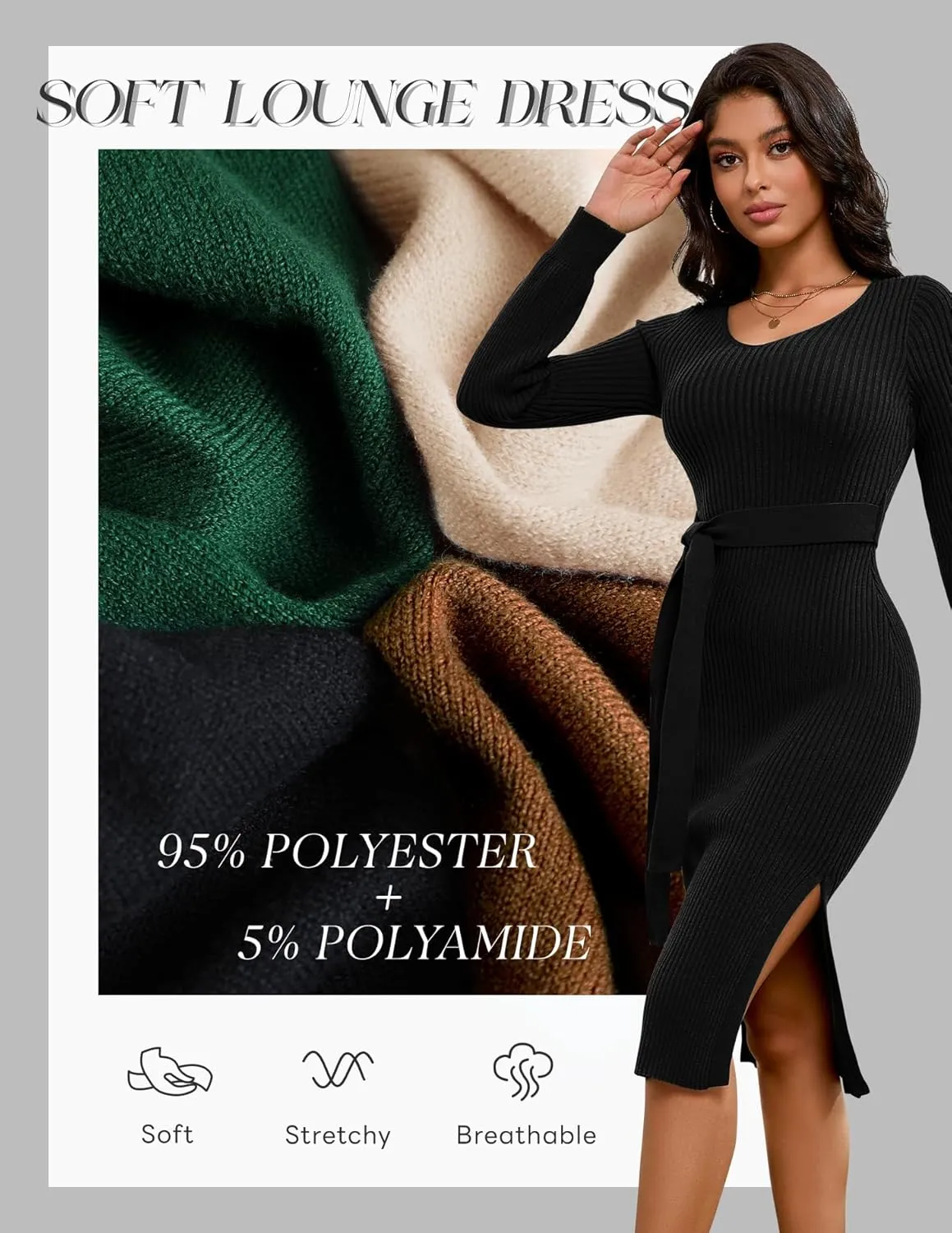 Dressystar Women's Fall Ribbed Knit Sweater Dress V Neck Long Sleeve Tie Waist Slim Fit Bodycon Midi Dress