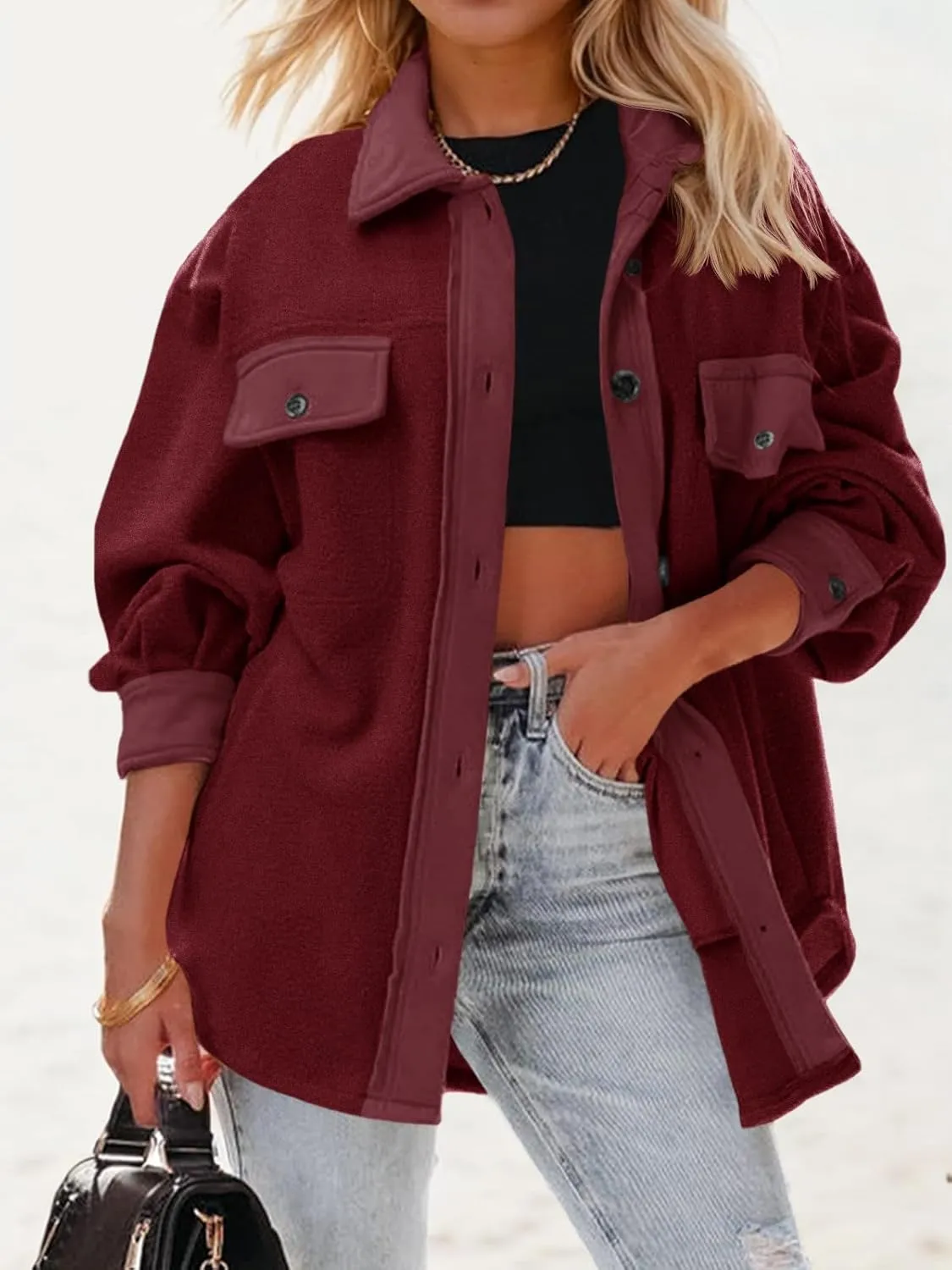 Fisoew Womens Oversized Long Sleeve Button Down Shirt Jacket Soft Comfy Casual Shacket Coats with Pockets