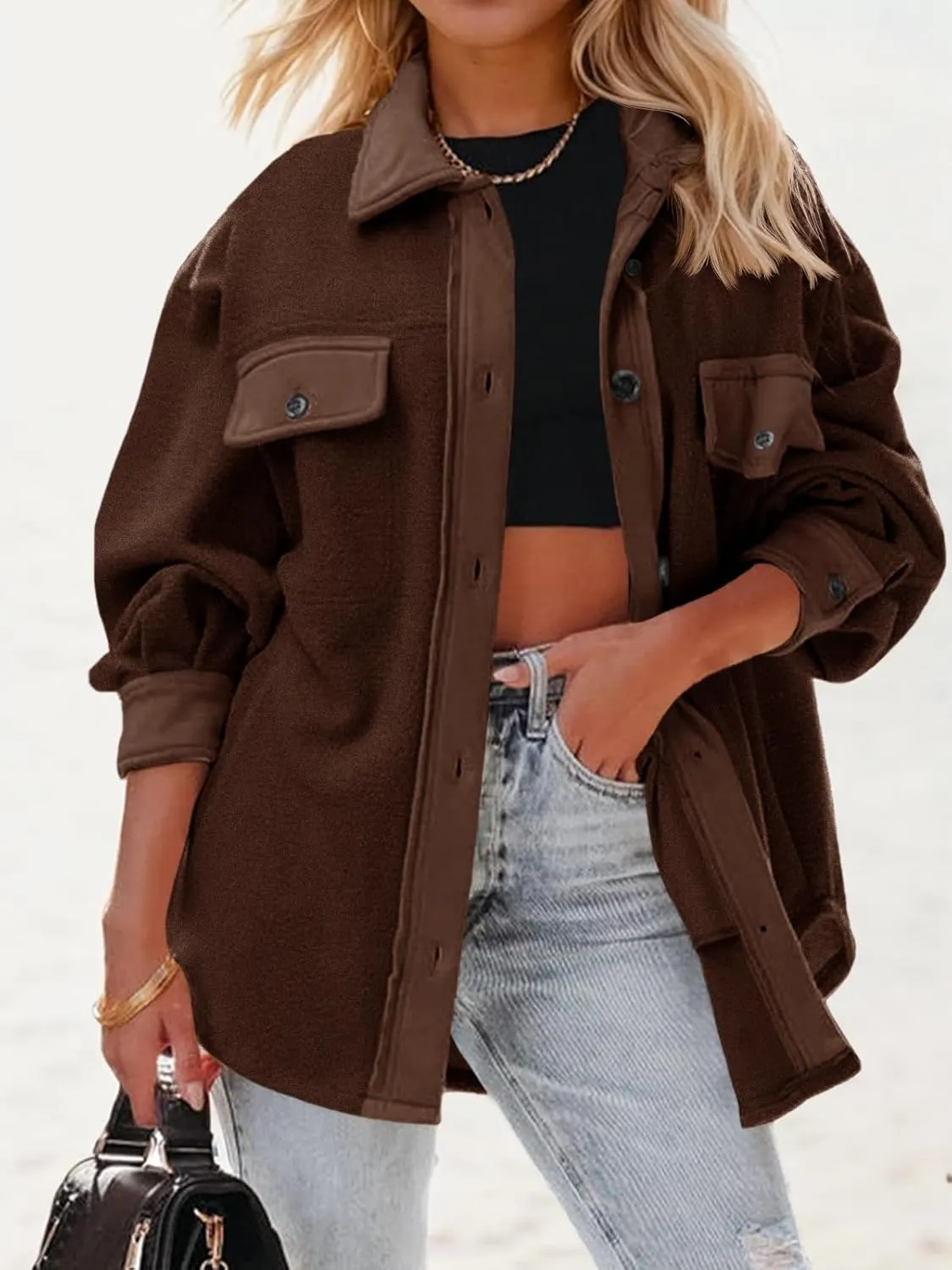 Fisoew Womens Oversized Long Sleeve Button Down Shirt Jacket Soft Comfy Casual Shacket Coats with Pockets