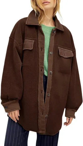 Fisoew Womens Oversized Long Sleeve Button Down Shirt Jacket Soft Comfy Casual Shacket Coats with Pockets