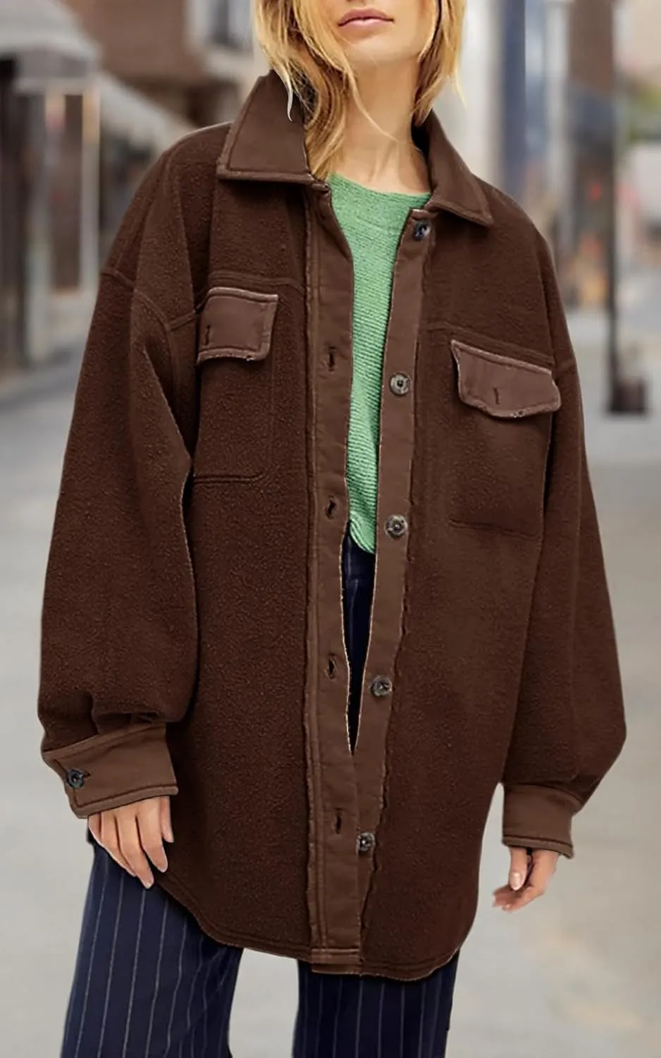 Fisoew Womens Oversized Long Sleeve Button Down Shirt Jacket Soft Comfy Casual Shacket Coats with Pockets