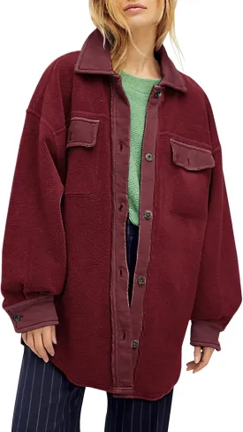 Fisoew Womens Oversized Long Sleeve Button Down Shirt Jacket Soft Comfy Casual Shacket Coats with Pockets