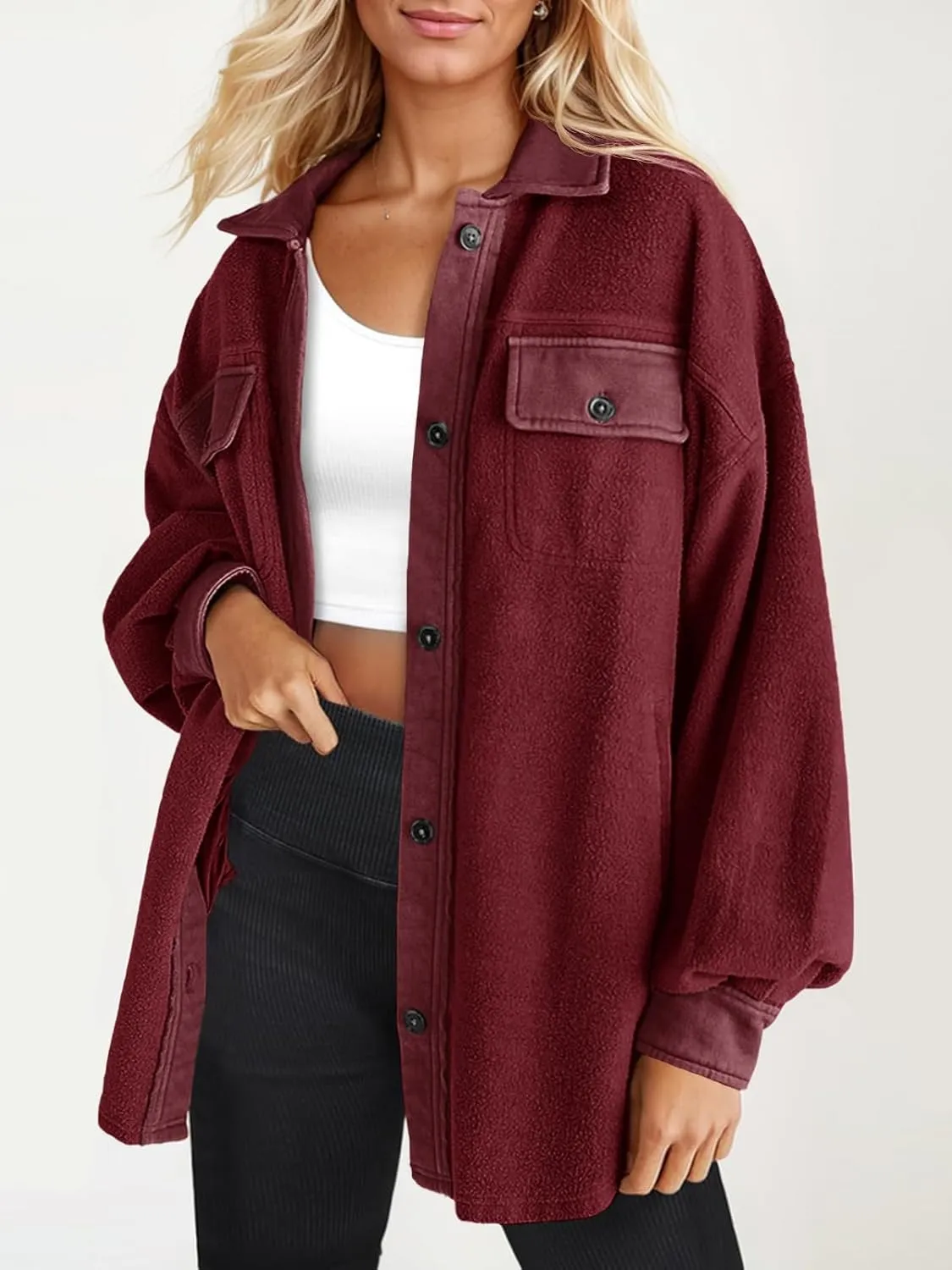 Fisoew Womens Oversized Long Sleeve Button Down Shirt Jacket Soft Comfy Casual Shacket Coats with Pockets