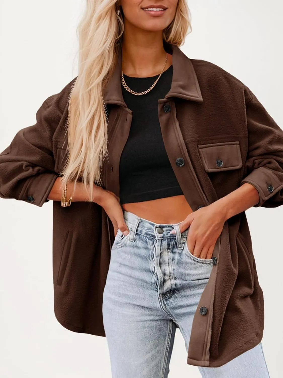 Fisoew Womens Oversized Long Sleeve Button Down Shirt Jacket Soft Comfy Casual Shacket Coats with Pockets