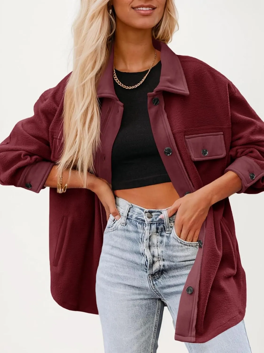 Fisoew Womens Oversized Long Sleeve Button Down Shirt Jacket Soft Comfy Casual Shacket Coats with Pockets