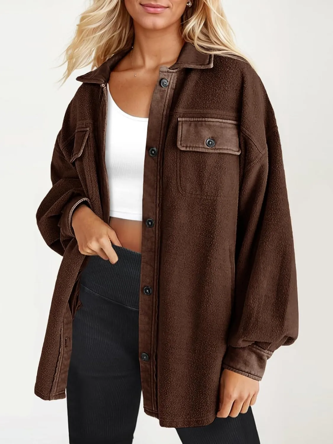Fisoew Womens Oversized Long Sleeve Button Down Shirt Jacket Soft Comfy Casual Shacket Coats with Pockets