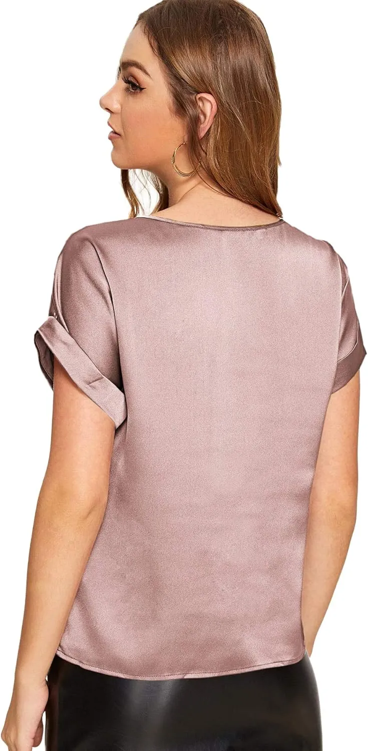 Floerns Women's Casual Solid Rolled Cap Short Sleeve Satin Silk Blouse Tops