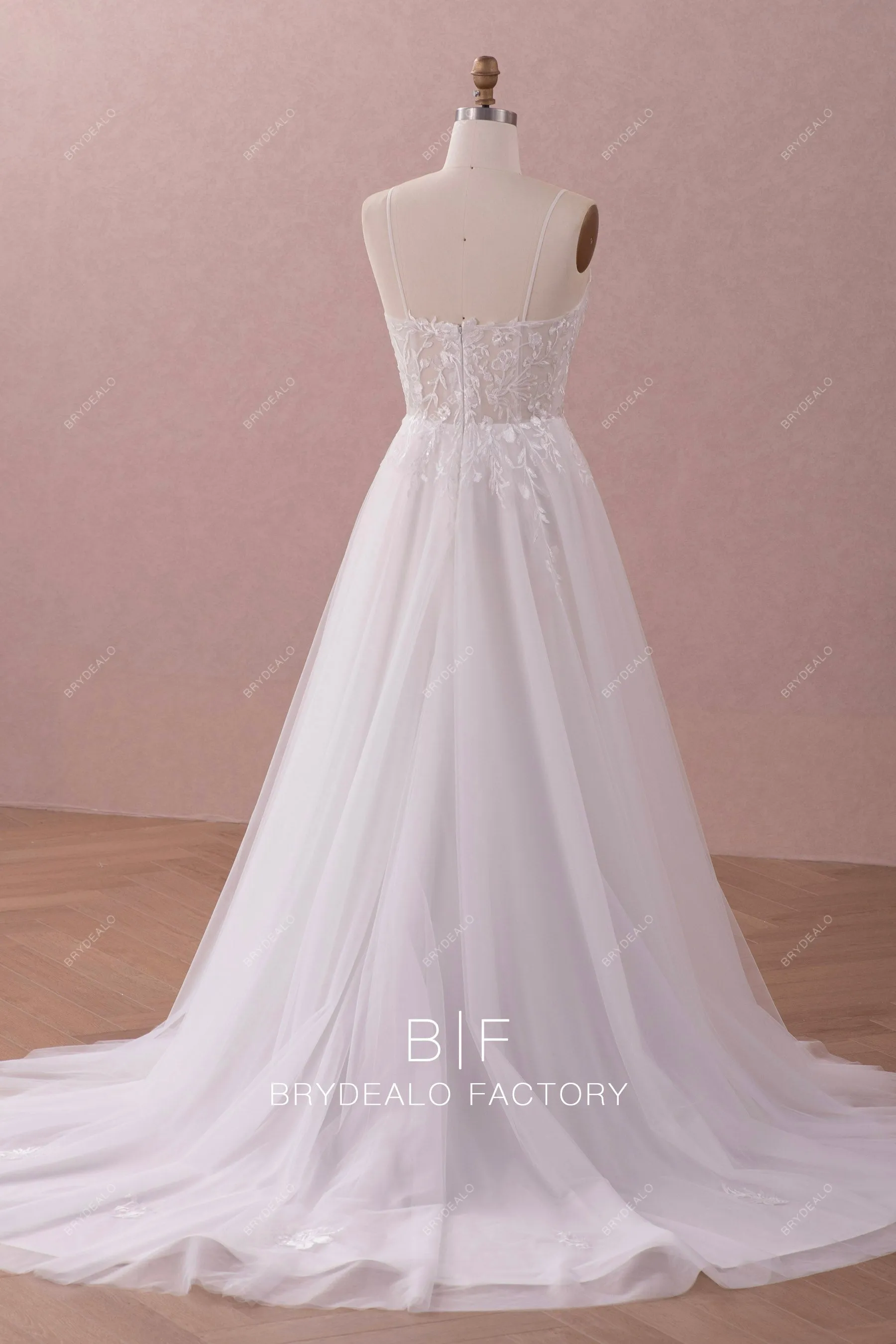 Floral embroidered Lace Plunging Neck Spring Fall Wedding Dress