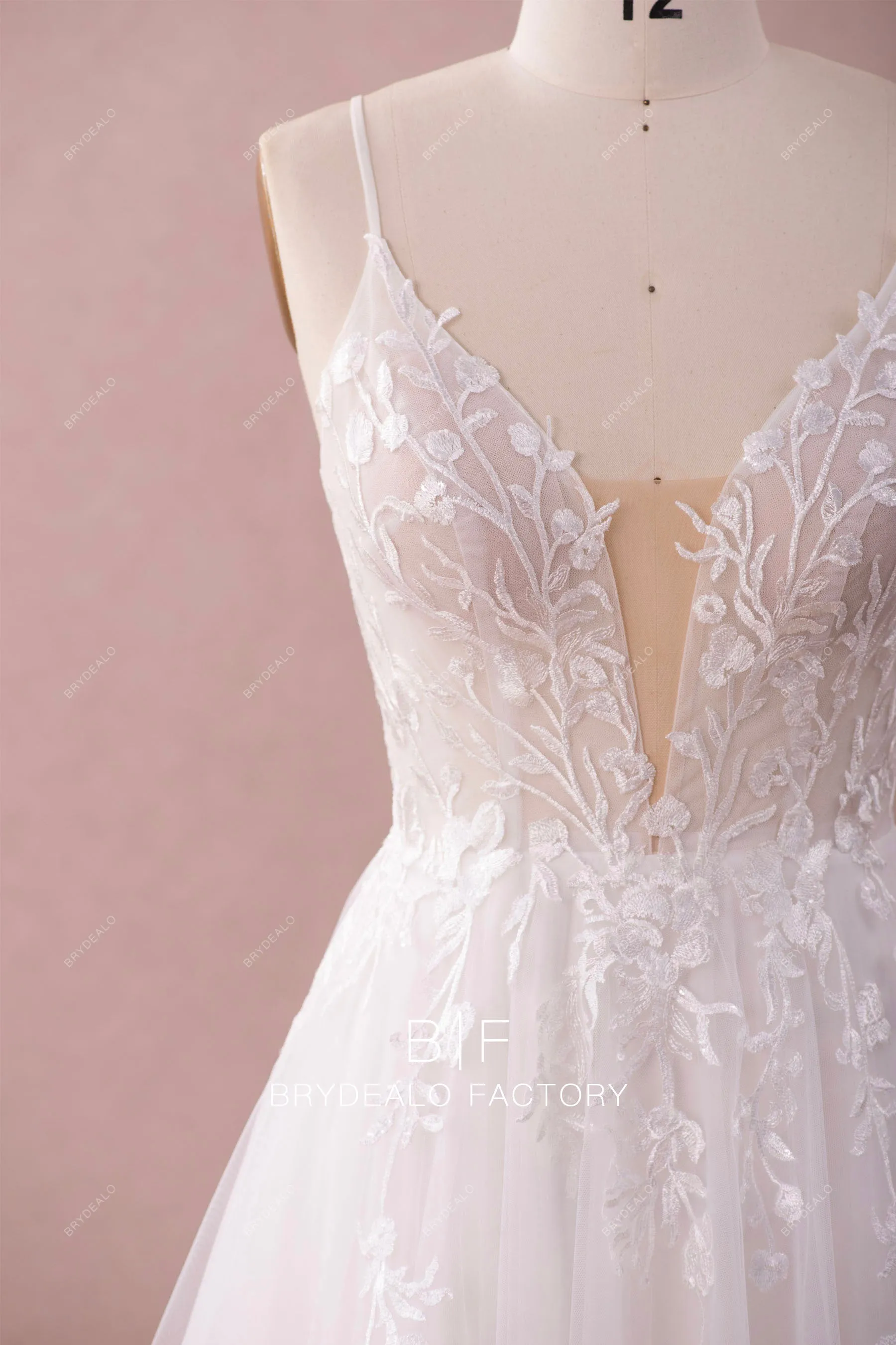 Floral embroidered Lace Plunging Neck Spring Fall Wedding Dress