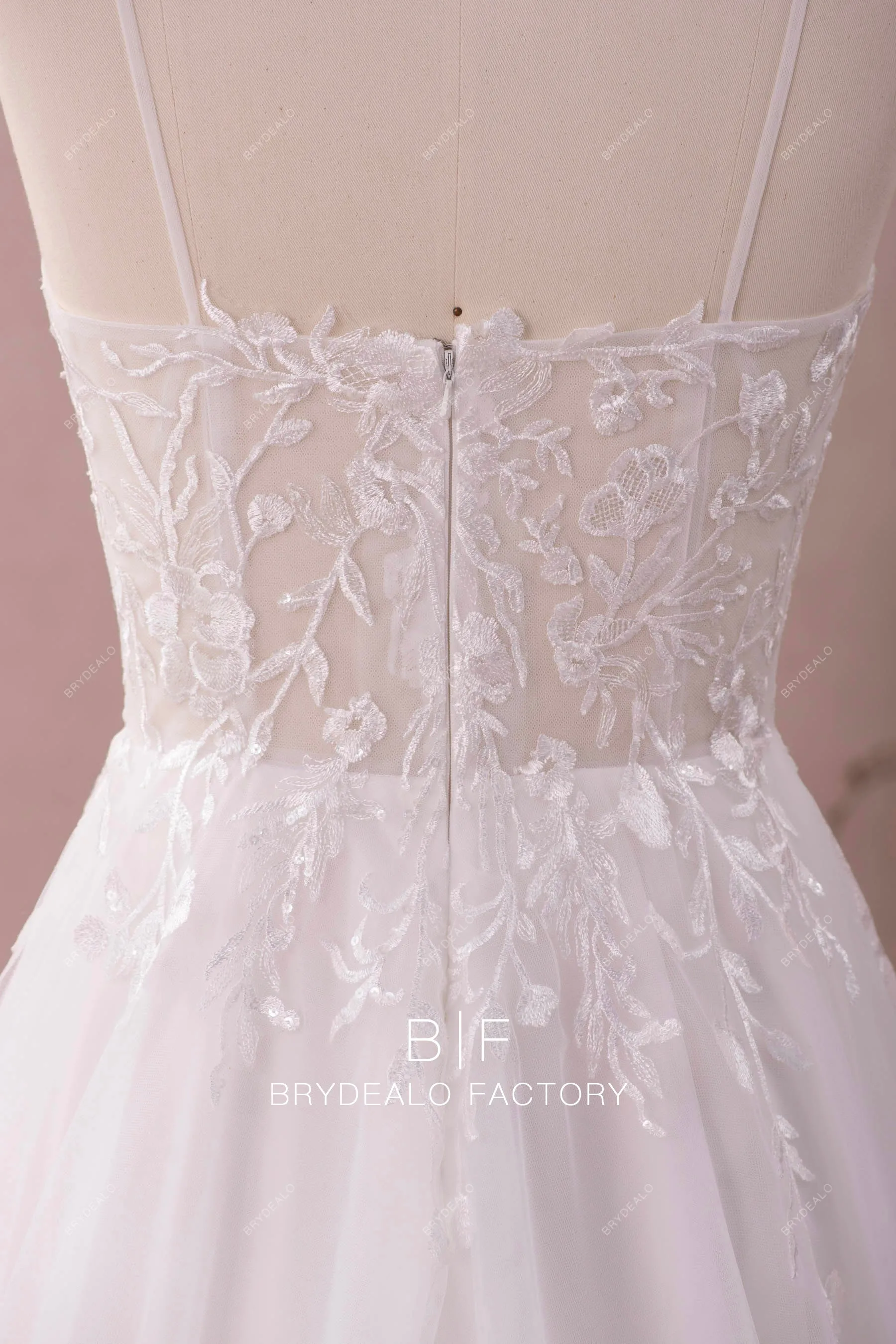 Floral embroidered Lace Plunging Neck Spring Fall Wedding Dress