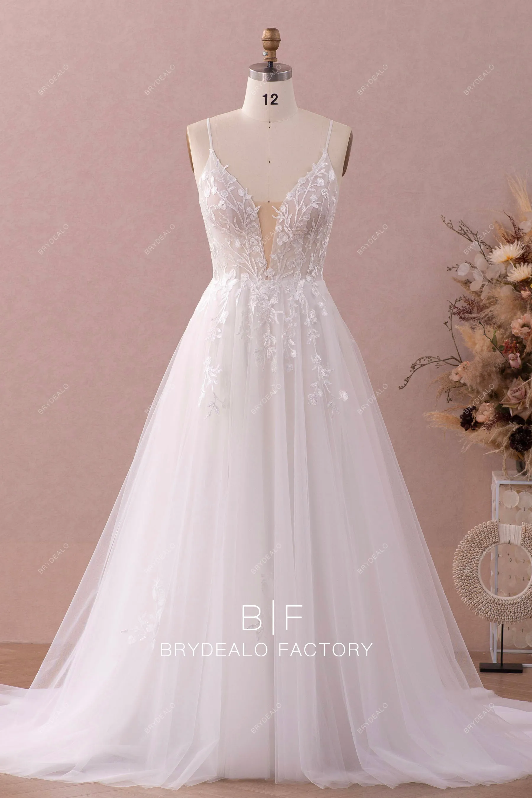 Floral embroidered Lace Plunging Neck Spring Fall Wedding Dress
