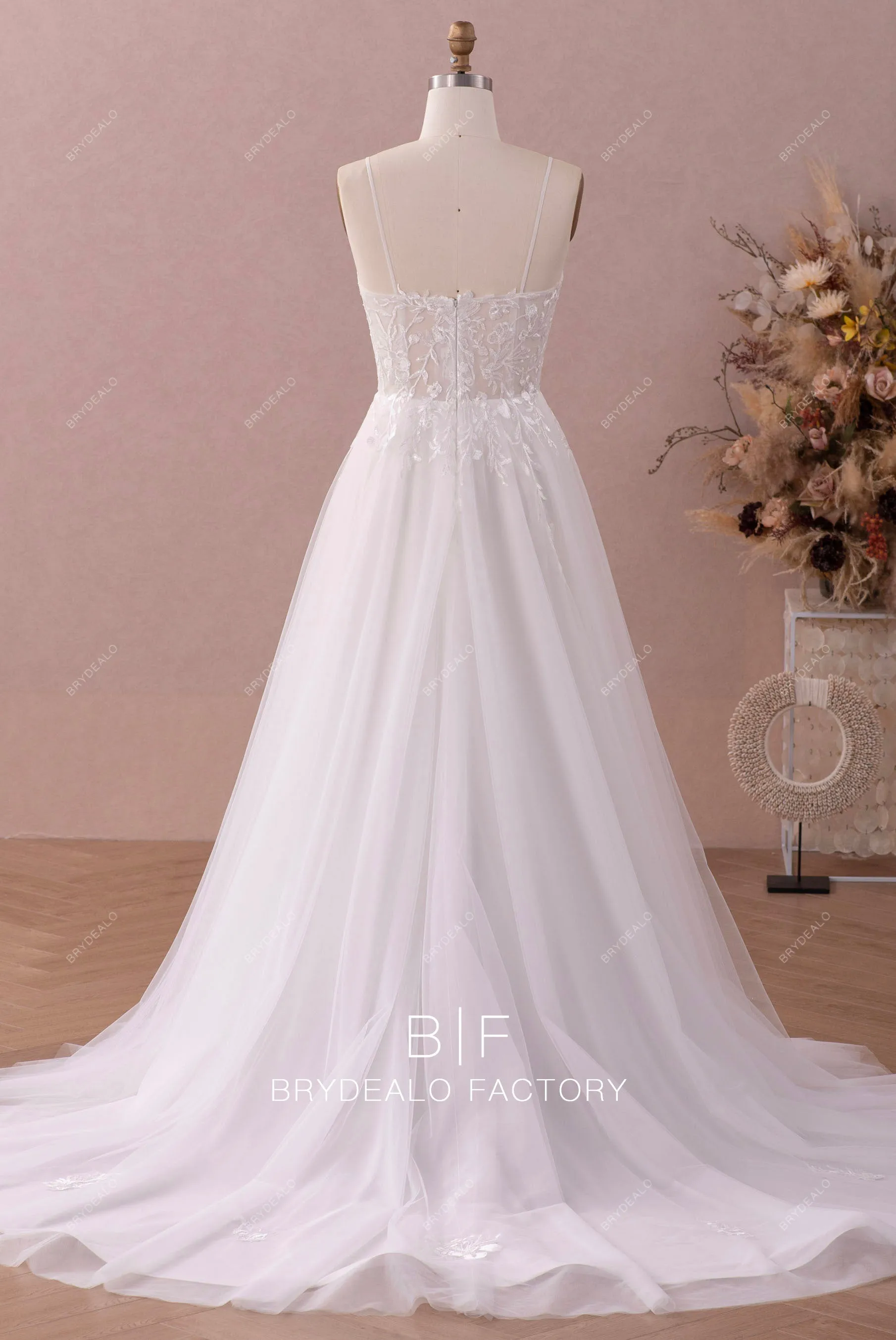 Floral embroidered Lace Plunging Neck Spring Fall Wedding Dress
