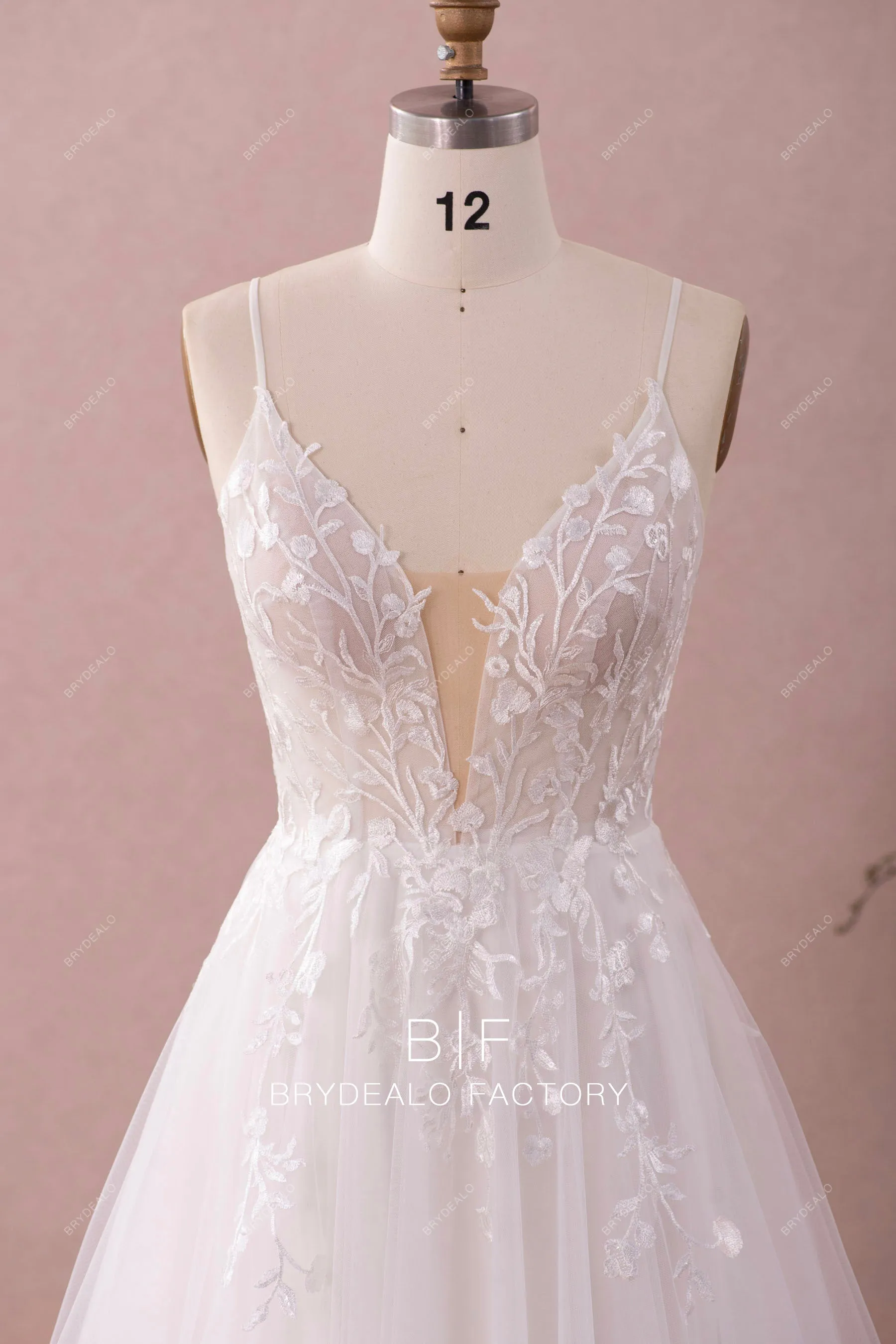 Floral embroidered Lace Plunging Neck Spring Fall Wedding Dress