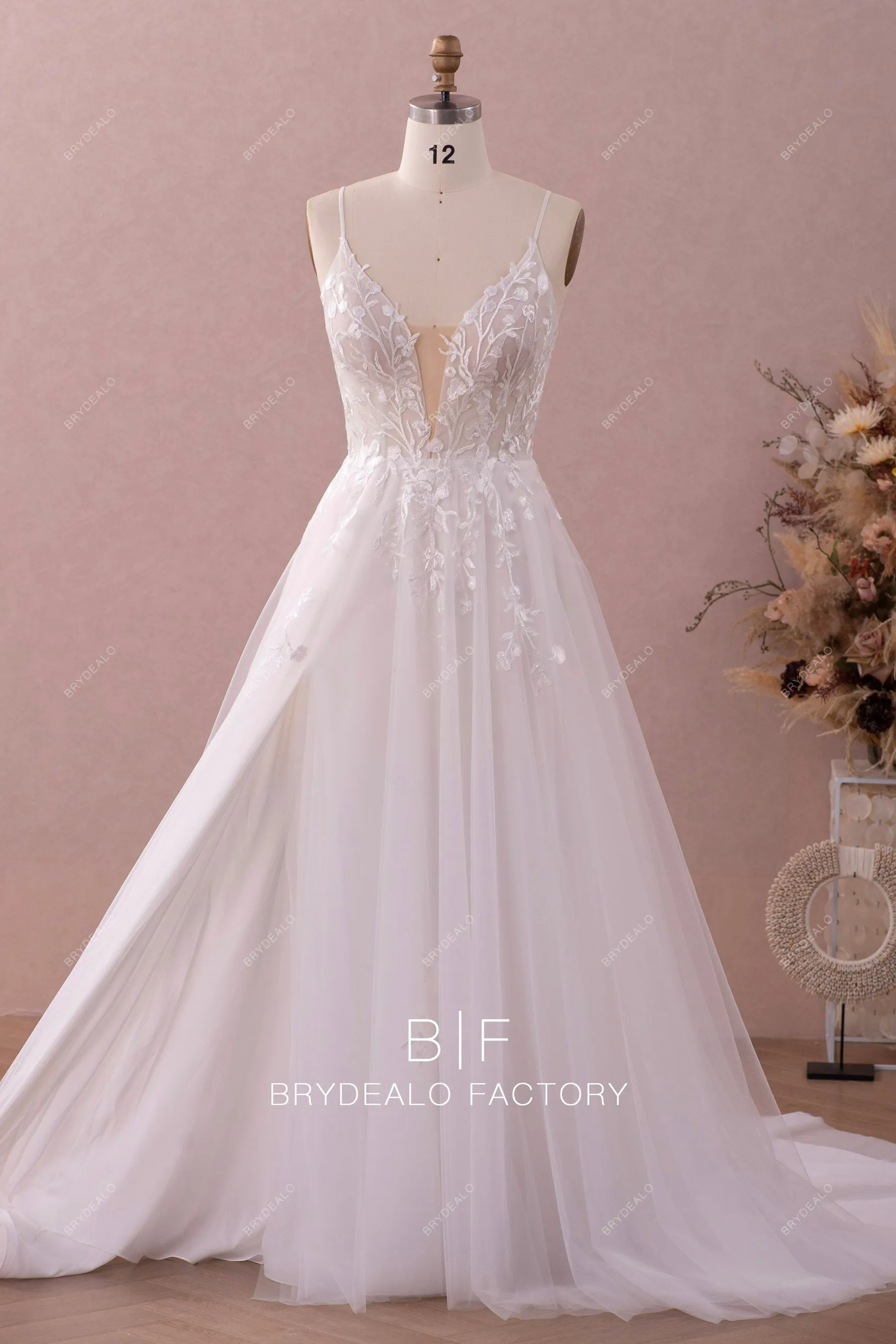 Floral embroidered Lace Plunging Neck Spring Fall Wedding Dress