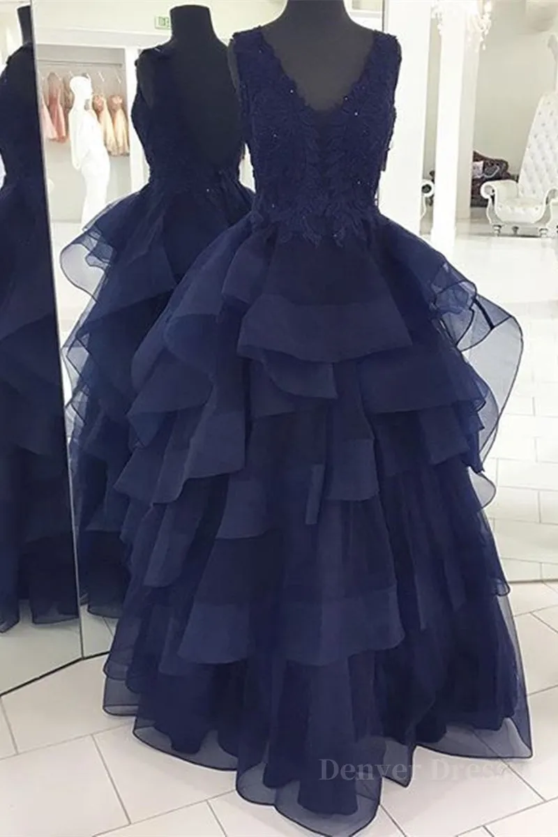 Fluffy V Neck Backless Navy Blue Lace Long Prom Dress Open Back Navy Blue Lace Formal Dress Navy Blue Lace Evening Dress Ball Gown
