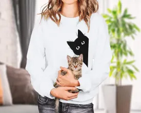 FRYAID Cat Sweatshirt Women Funny Black Cat Graphic Sweater Casual Cat Crewneck Holiday Long Sleeve Hoodie Pullover Top