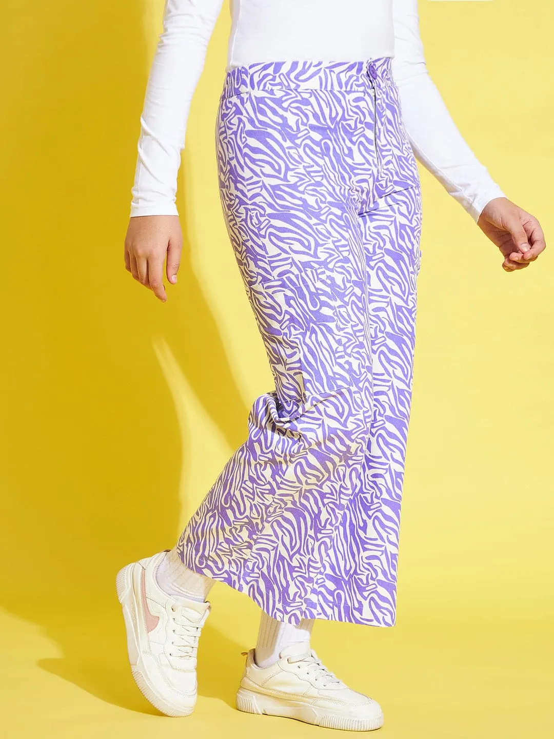 Girls Lavender & White Twill Abstract Waves Straight Pants - Lyush Kids