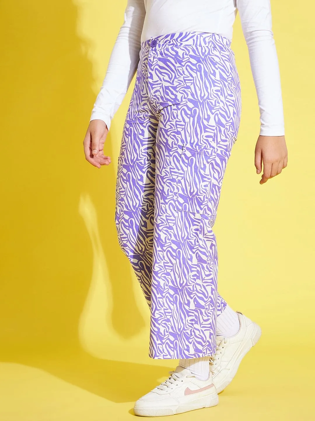 Girls Lavender & White Twill Abstract Waves Straight Pants - Lyush Kids