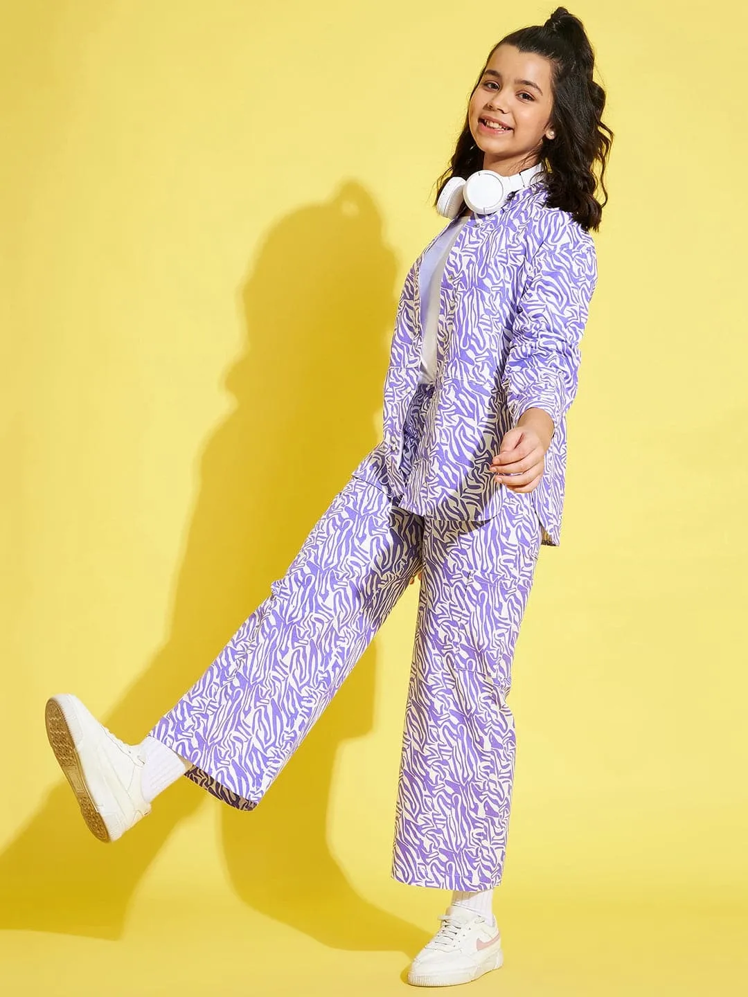 Girls Lavender & White Twill Abstract Waves Straight Pants - Lyush Kids