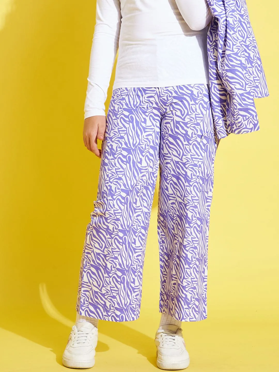 Girls Lavender & White Twill Abstract Waves Straight Pants - Lyush Kids