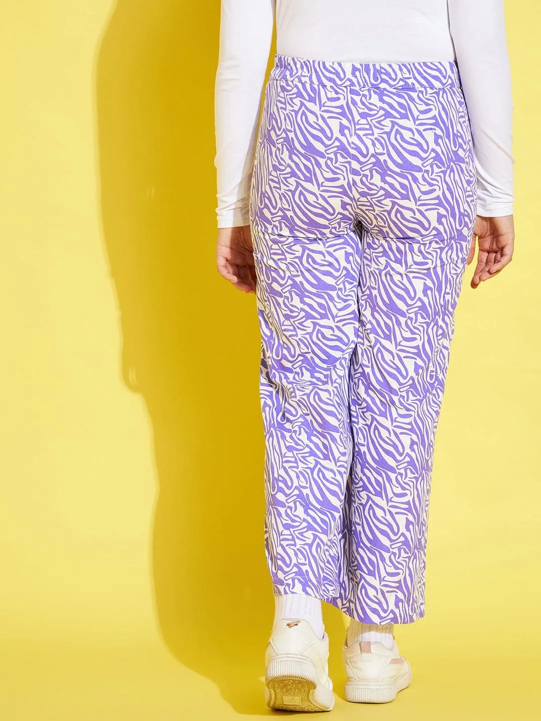 Girls Lavender & White Twill Abstract Waves Straight Pants - Lyush Kids